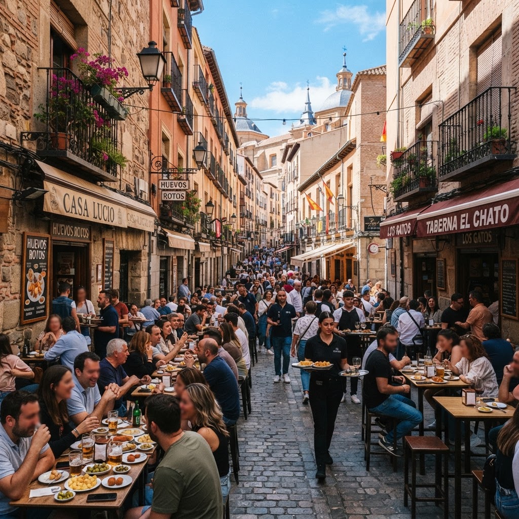 Vibrant tapas culture in the ancient streets of La Latina.