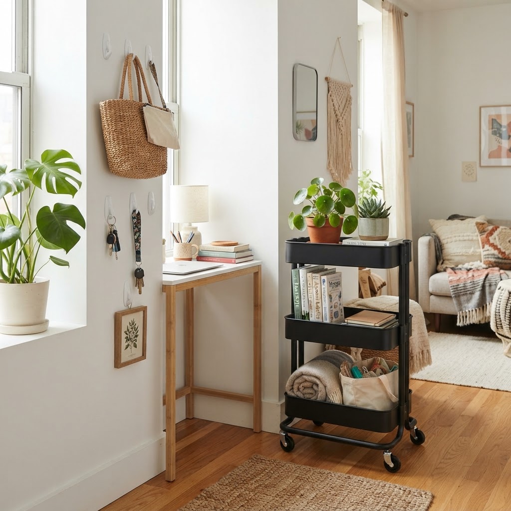 Vertical storage and rolling carts are perfect for tiny corners.