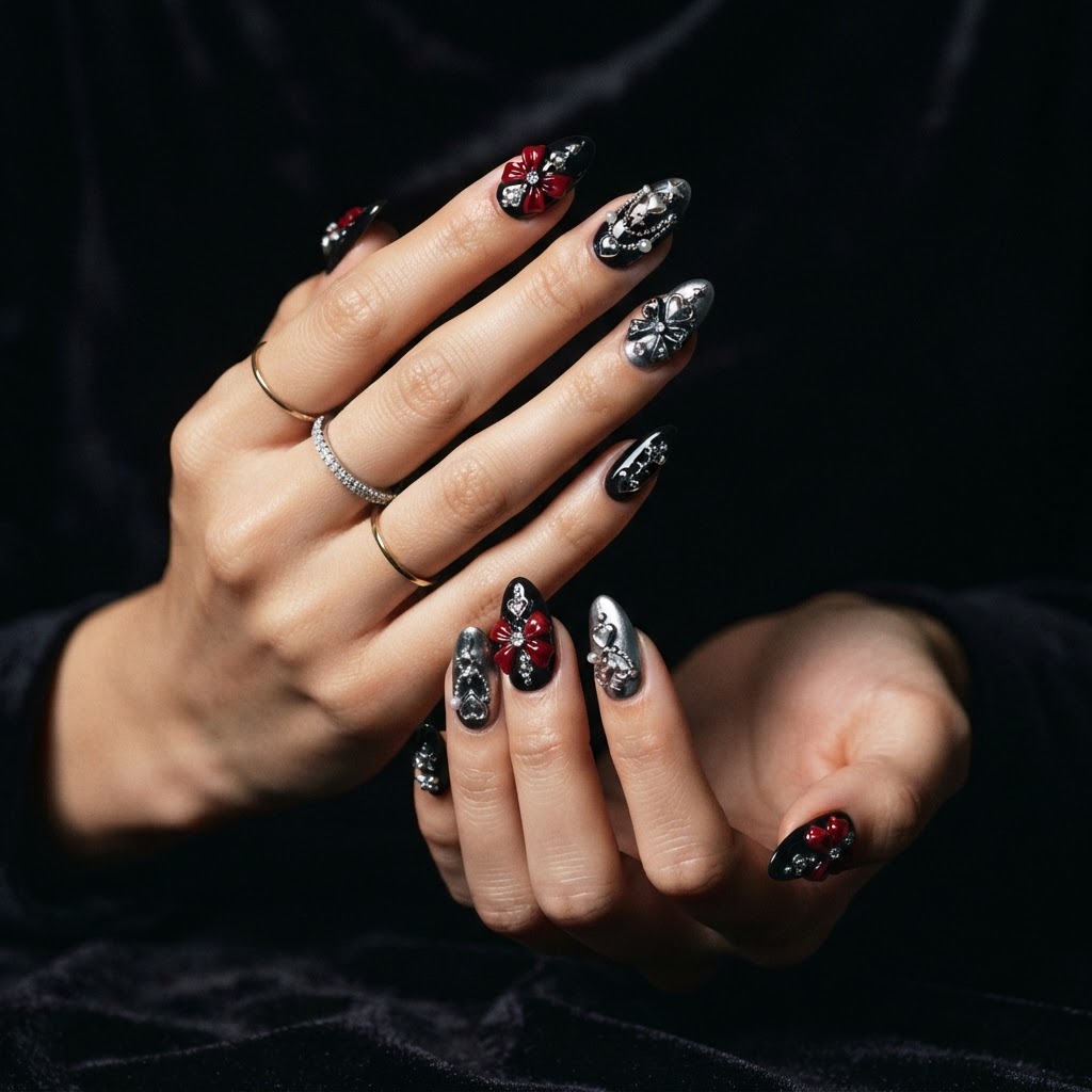 Bold 3D bow nail art design.