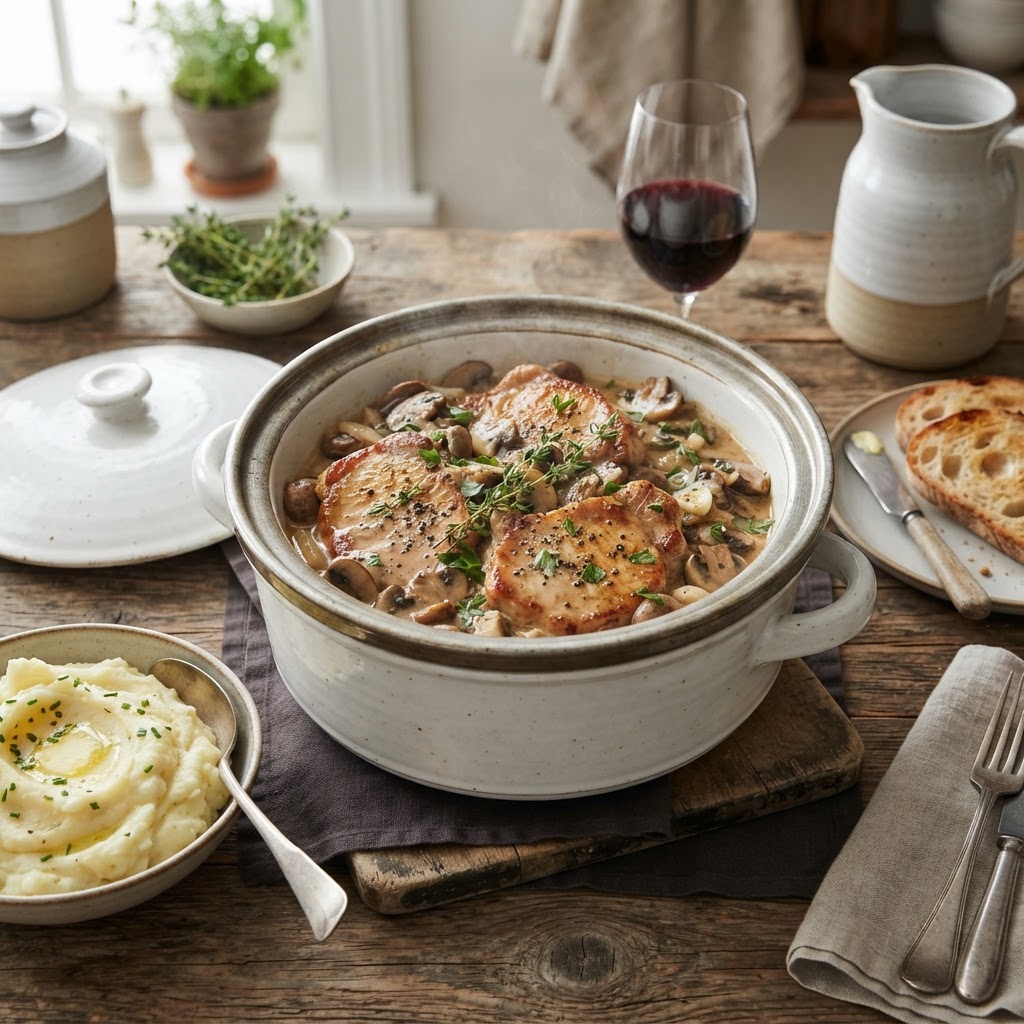 The final result: Juicy Crockpot Pork Chops with Creamy Gravy served fresh from the slow cooker.