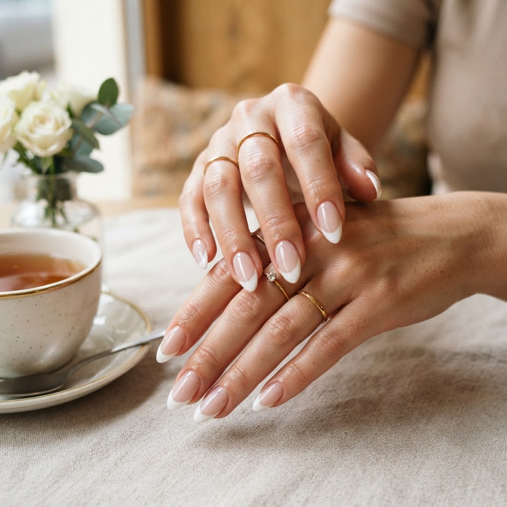 Classic white french tip almond press-ons for a timeless look.