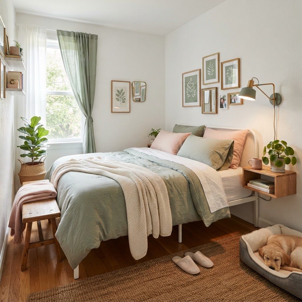 A serene bedroom retreat using a soft blush and sage pastel palette.