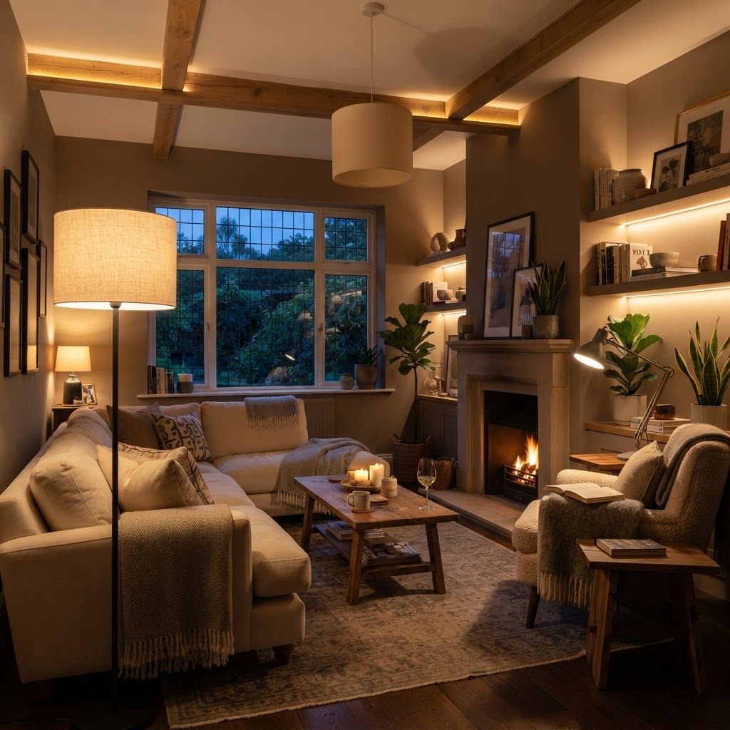 Layered lighting creates depth and warmth in this inviting living room.