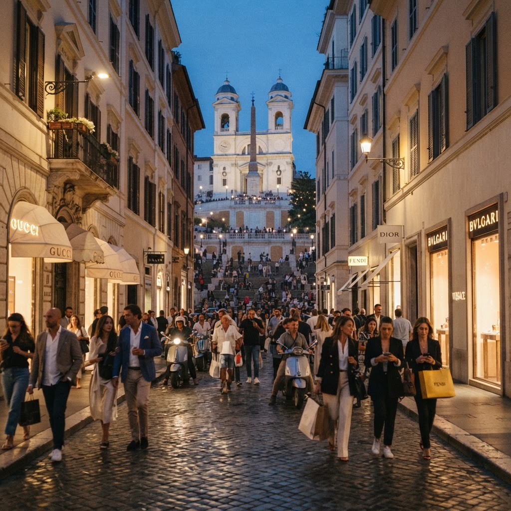 The glamorous atmosphere of Via Condotti near the Spanish Steps.