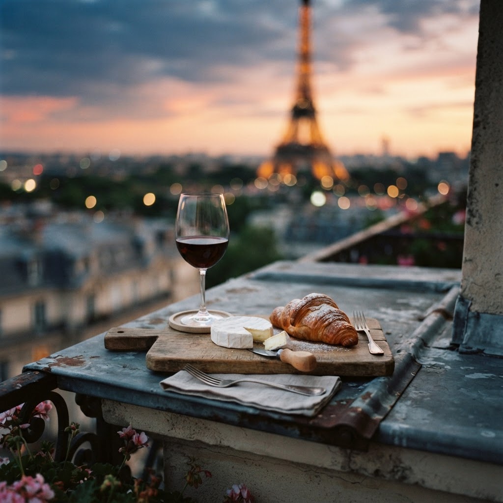 The perfect sunset pairing: fine wine and a Parisian vista.