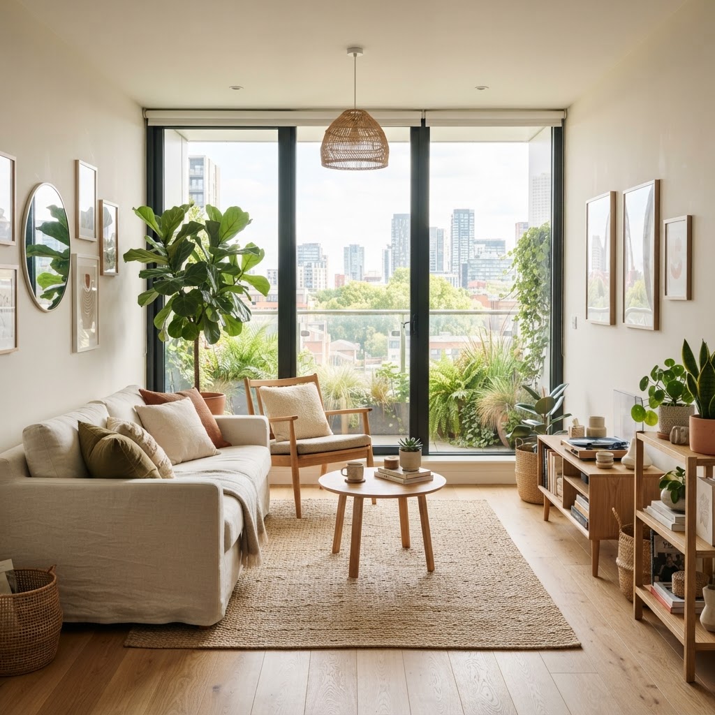 Soft, light-toned walls help to reflect natural light and open up a small living room.