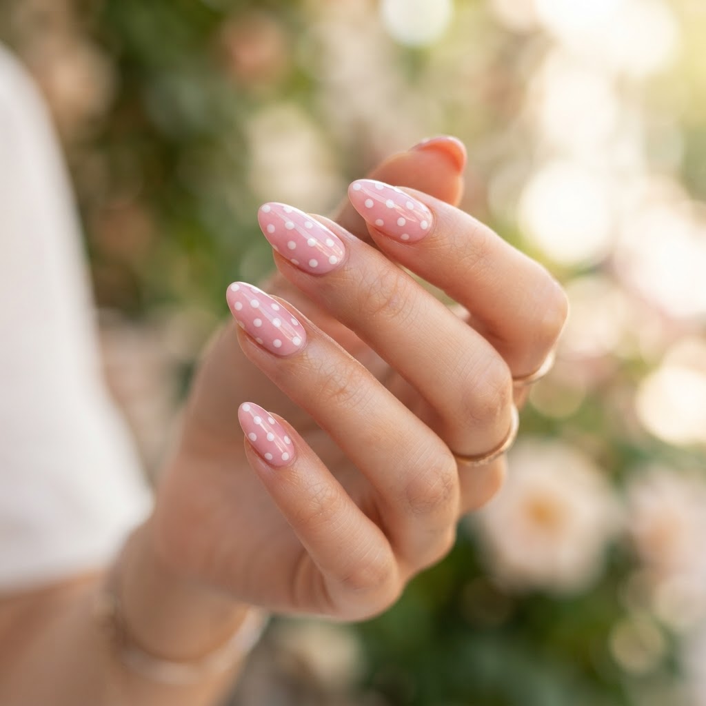 Elegant pink and white polka dot nails captured in high-detail.