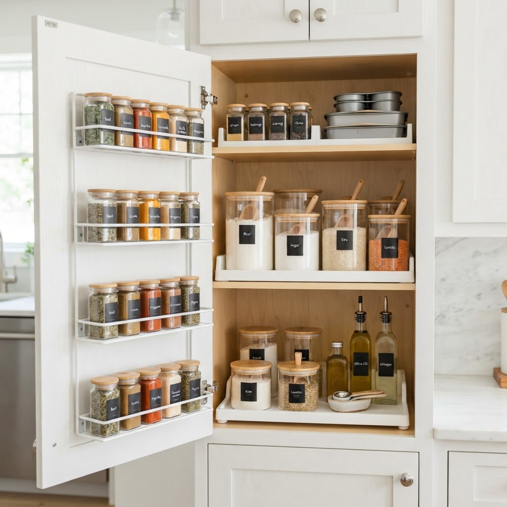 Maximize your kitchen capacity by utilizing door space and tiered shelf inserts.