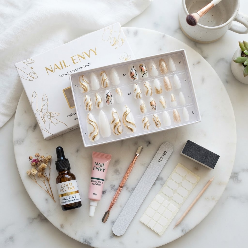 A complete press-on nail kit layout, ready for a professional home manicure.