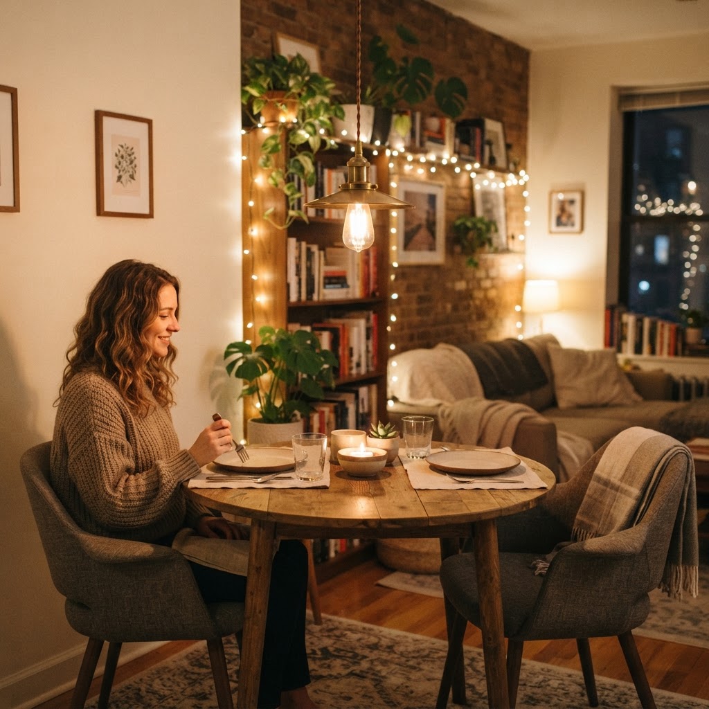A warm pendant light transforms a small dining nook into a cozy retreat.