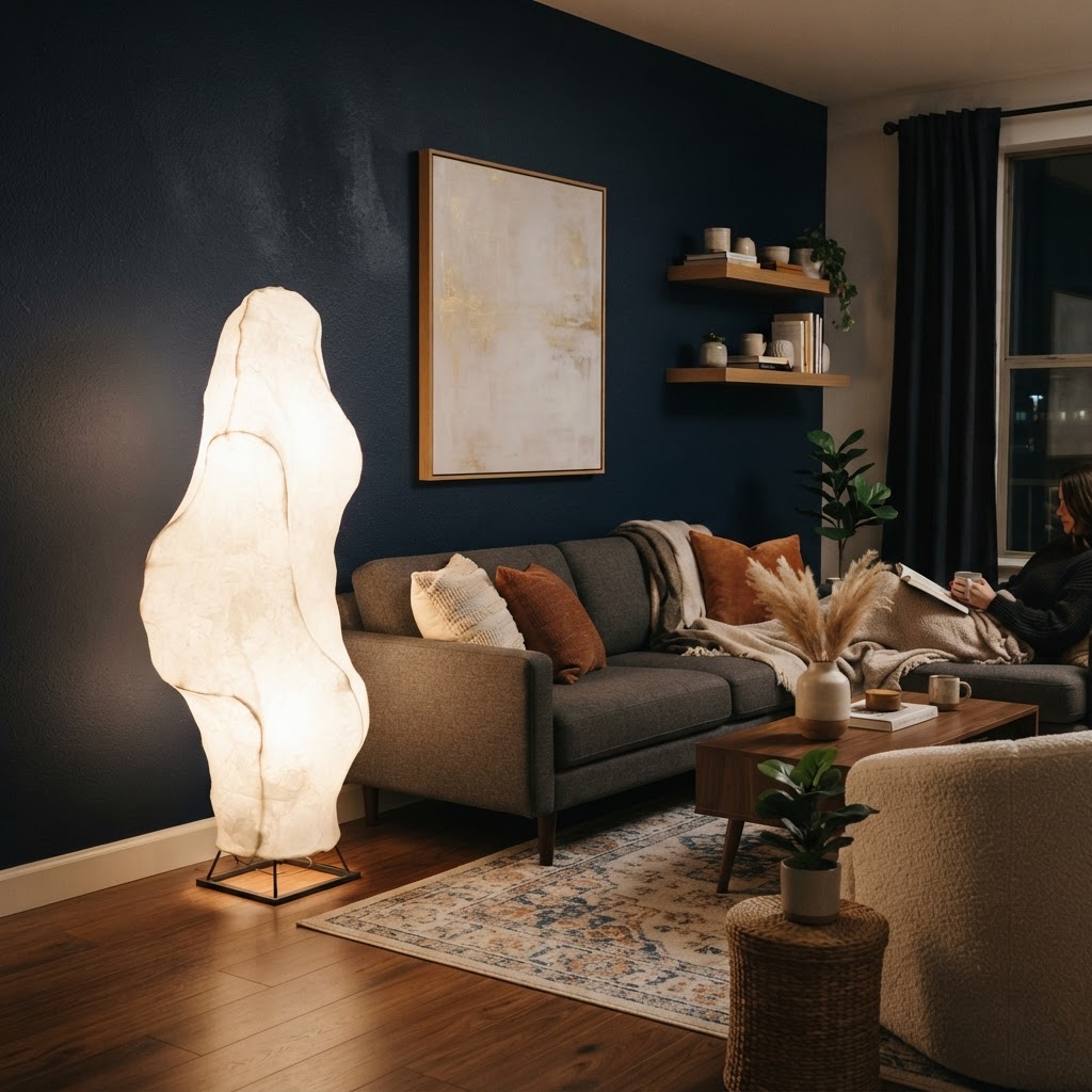 Sculptural floor lamps add dramatic focal points.