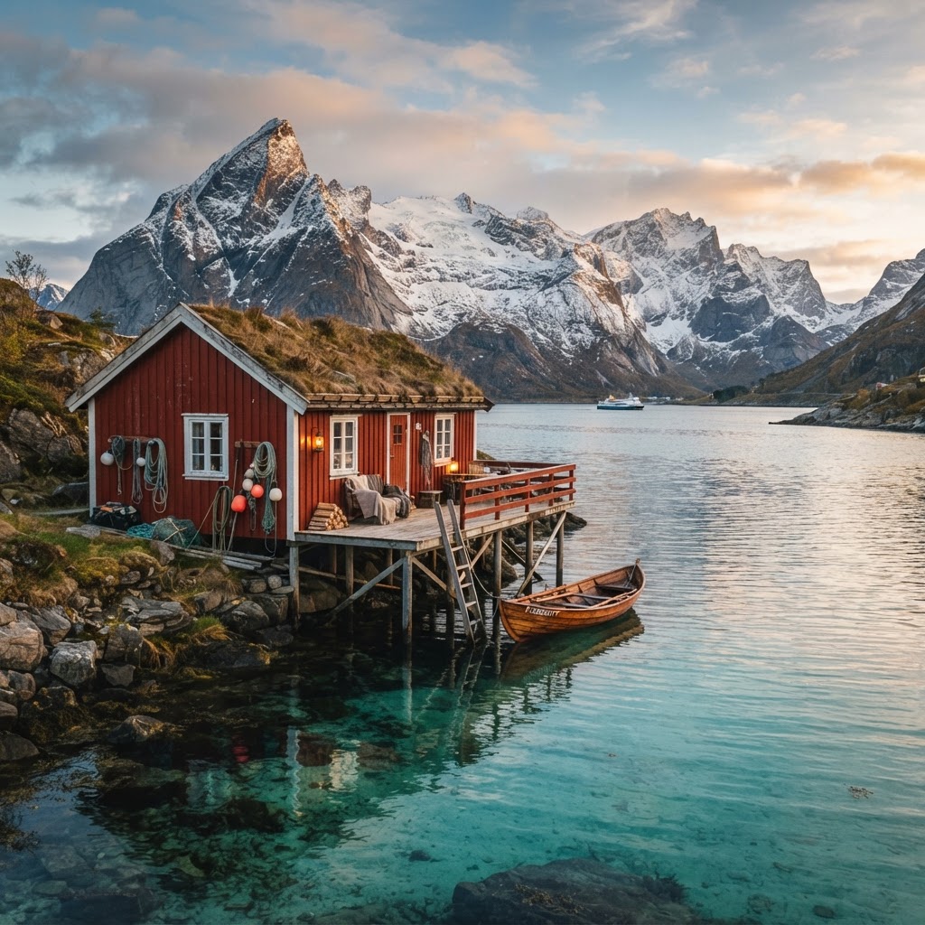 A traditional red rorbu nestled in the tranquil arctic landscape.