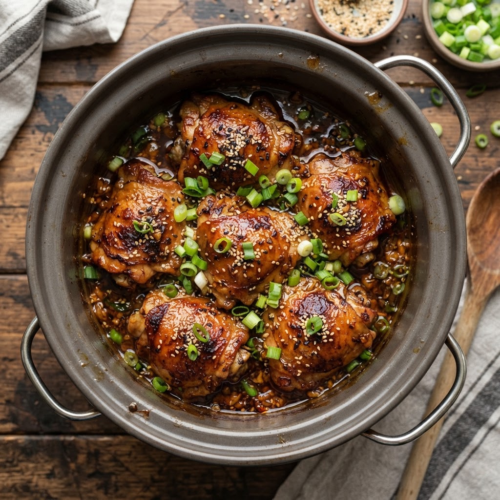 The finished honey garlic chicken thighs, perfectly glazed and ready to serve.
