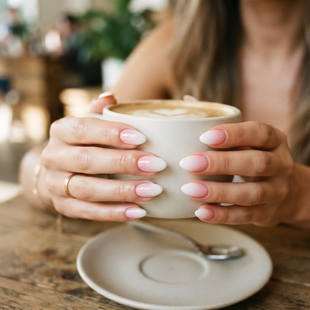 Classic pink and white press-on nails provide a sophisticated minimalist look for any occasion.