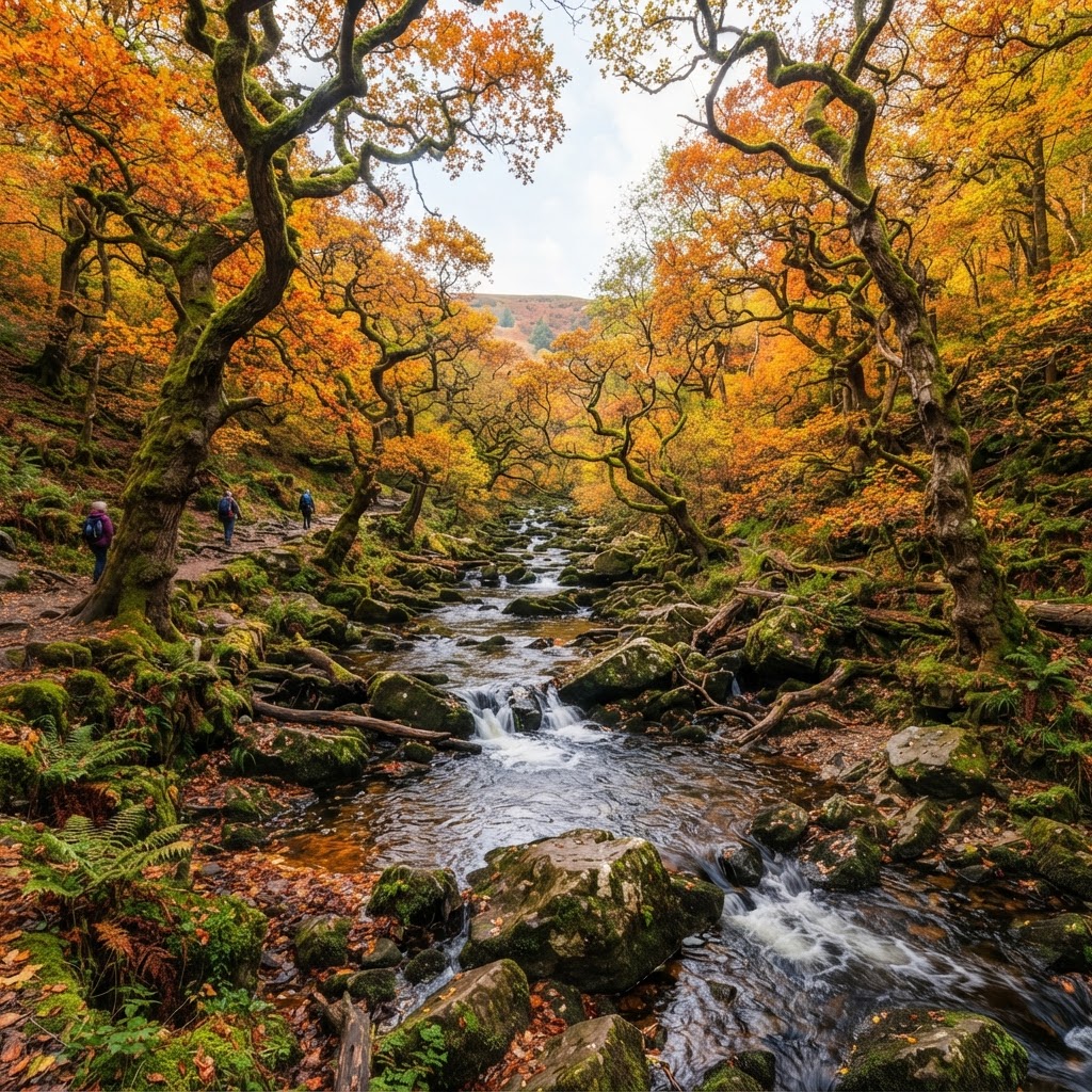 English Countryside in Fall: Best Places for Golden Leaves 3 Padley Gorge offers an enchanting woodland walk filled with vibrant fall colors.