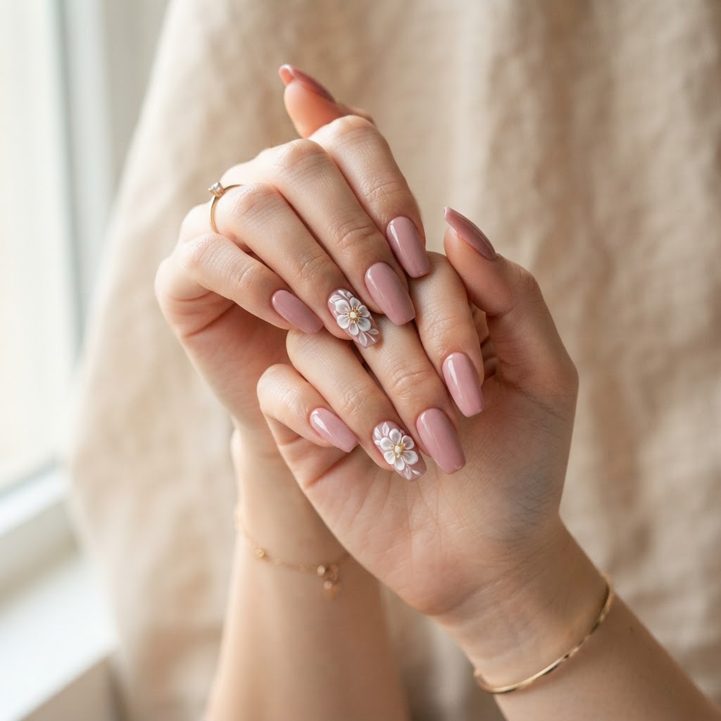 A beautiful example of trendy press-on nails with 3d floral art.