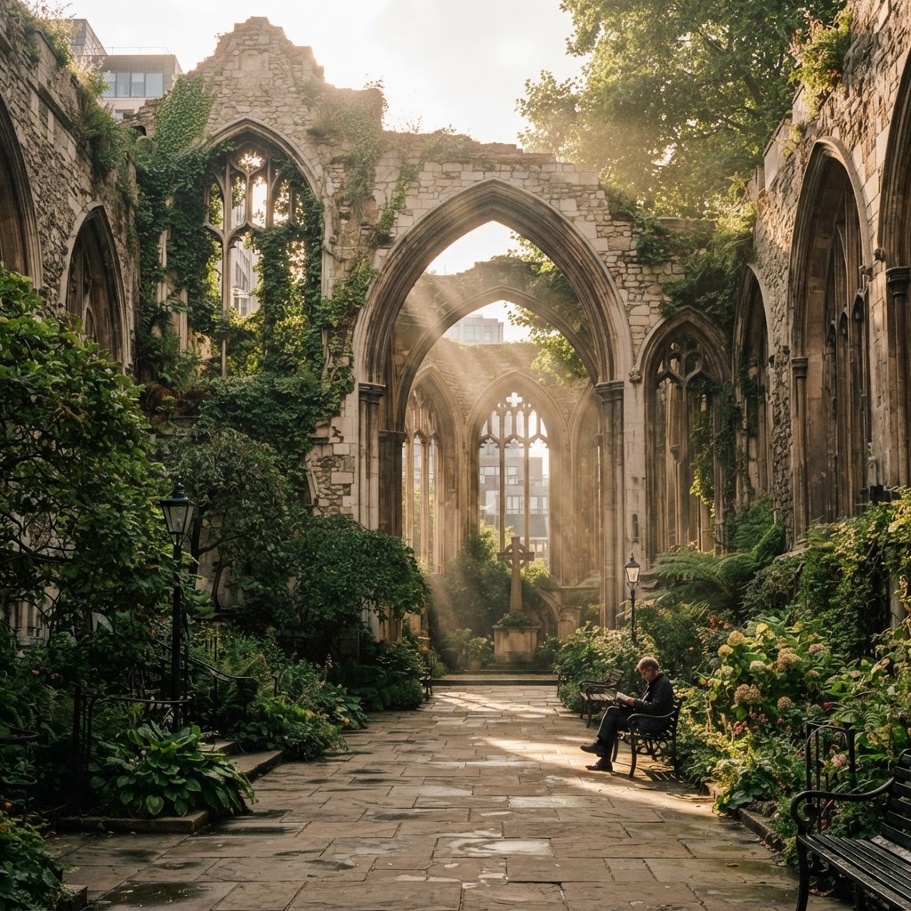 The serene ruins of St Dunstan in the East.