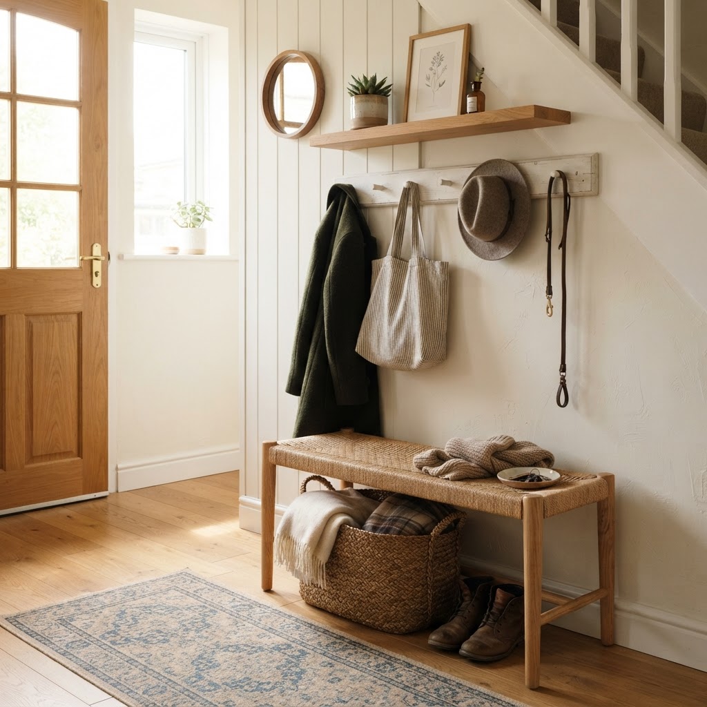 A clean, functional entryway using wall-mounted storage to save space.