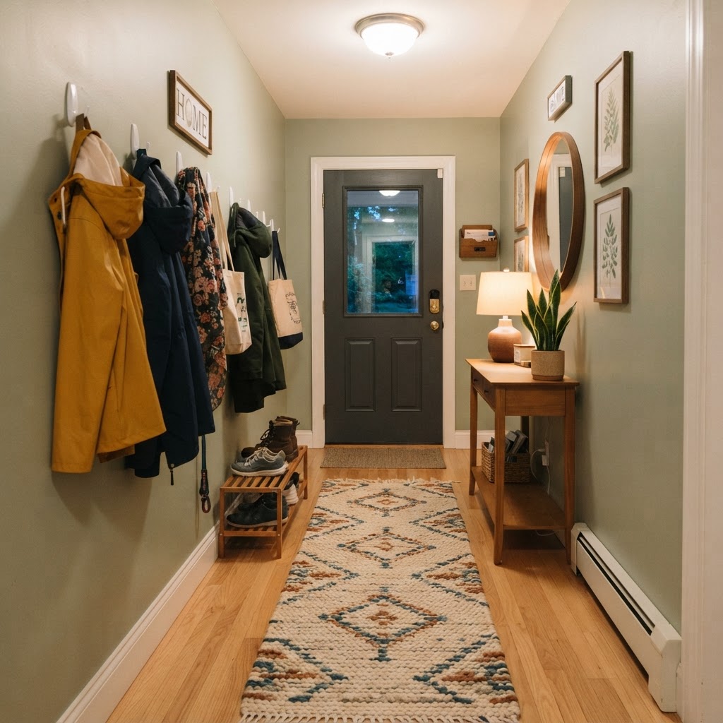 A runner rug and wall hooks create a functional drop zone.