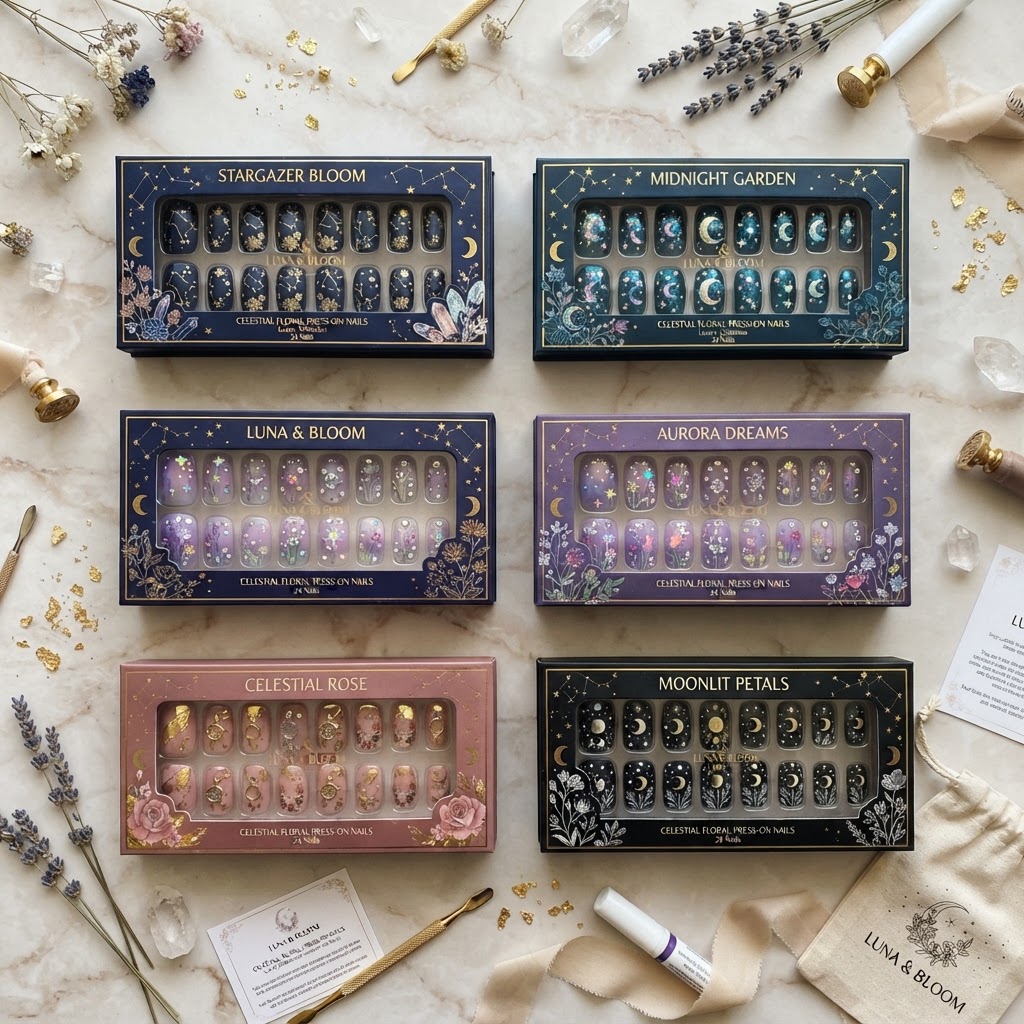 Luxury packaging for reusable celestial nail art.