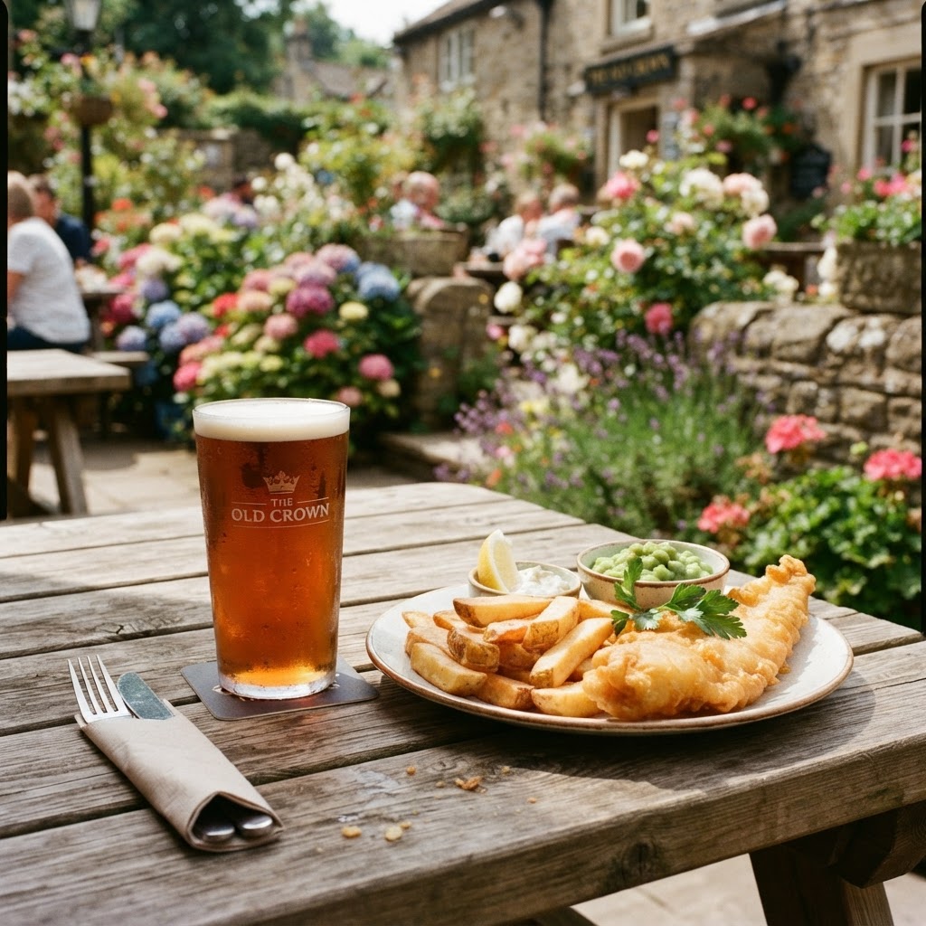 The perfect pint enjoyed in a peaceful, floral-filled garden setting.