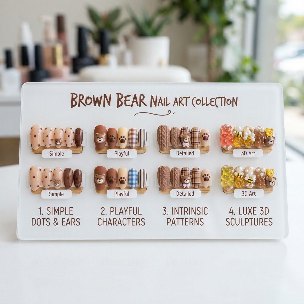 Variety of bear-themed nail art inspirations.
