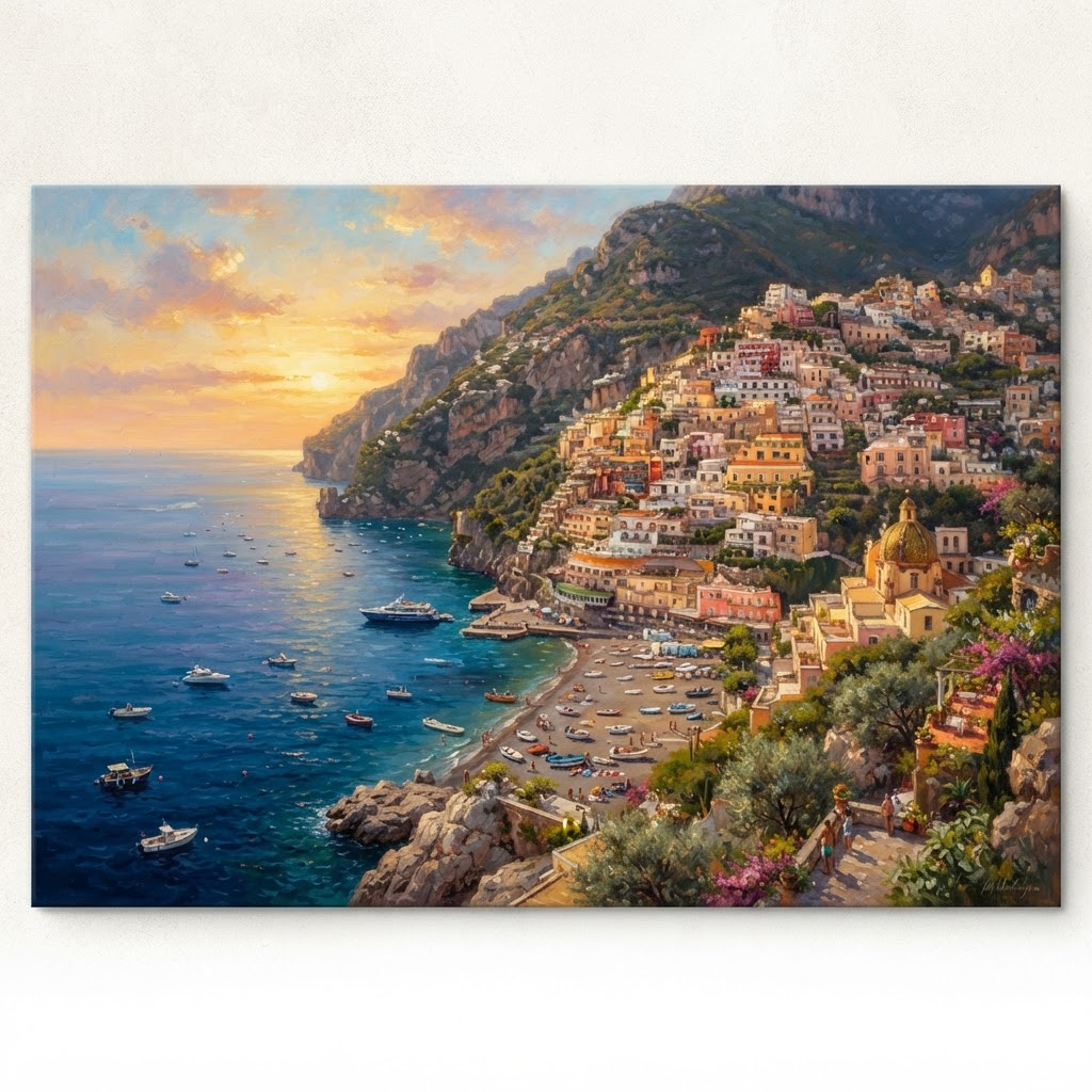 Positano Cliffs: A Masterpiece of Coastal Beauty 2 The iconic cliffside view of Positano glowing in the warm light of the golden hour.