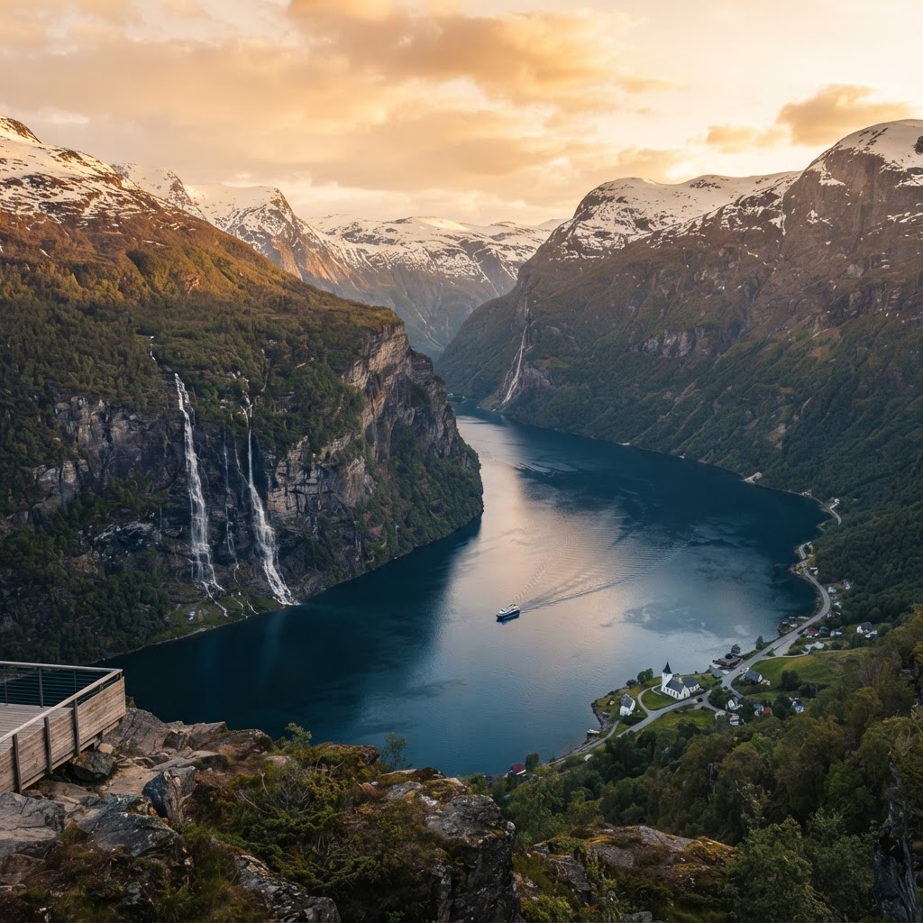 The iconic Seven Sisters waterfall in Geirangerfjord.