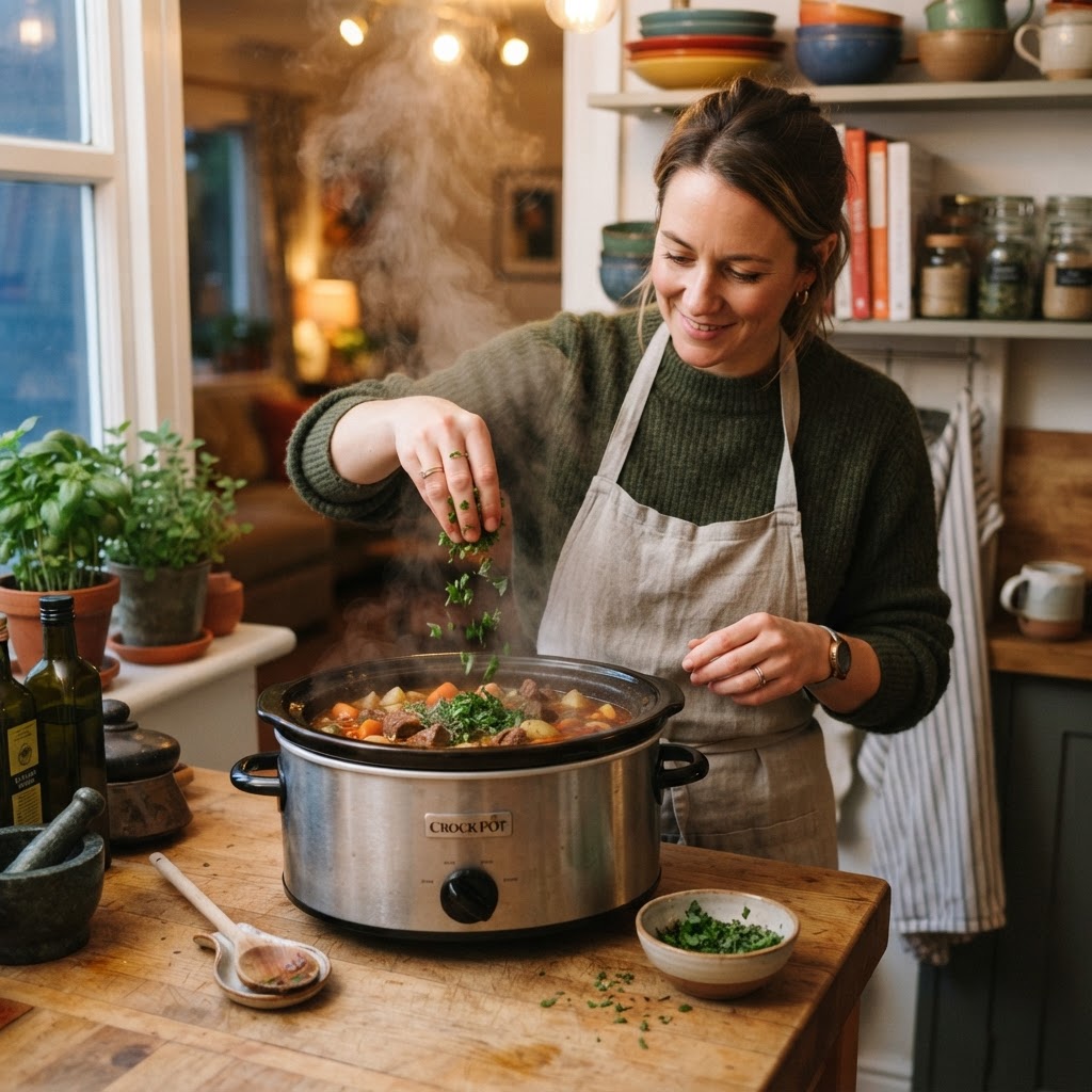 Adding fresh herbs to enhance the flavor of your slow cooker creation.