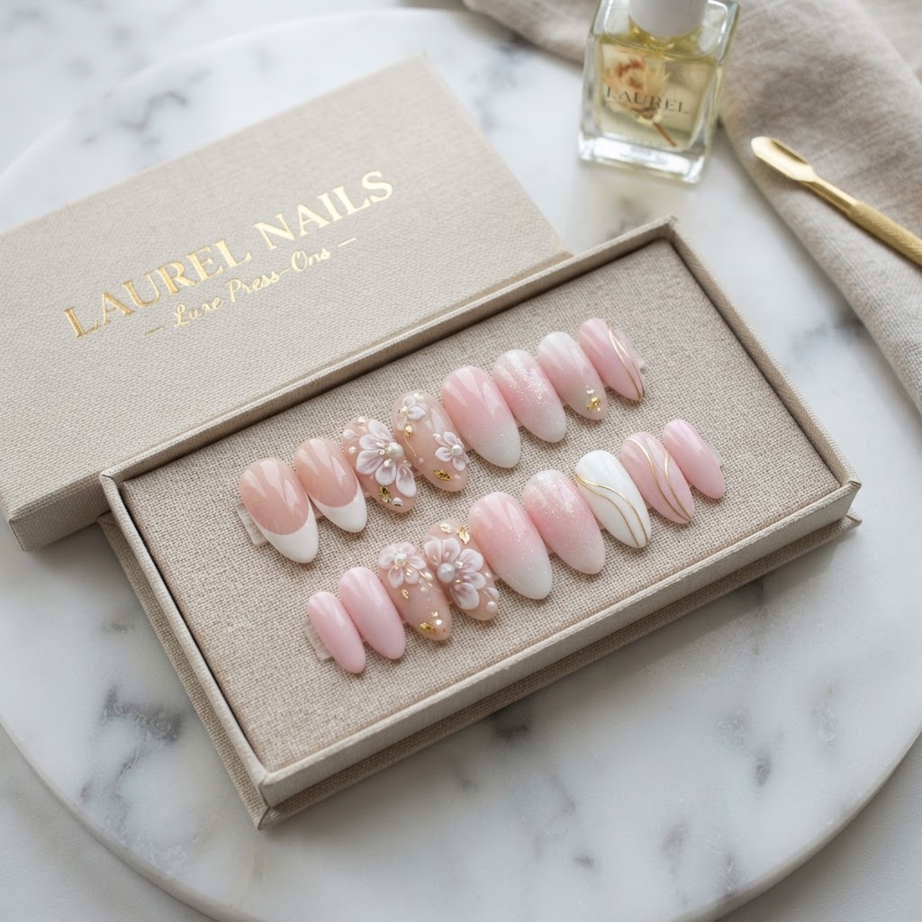 A collection of modern press-on nail designs featuring floral and French tip styles.