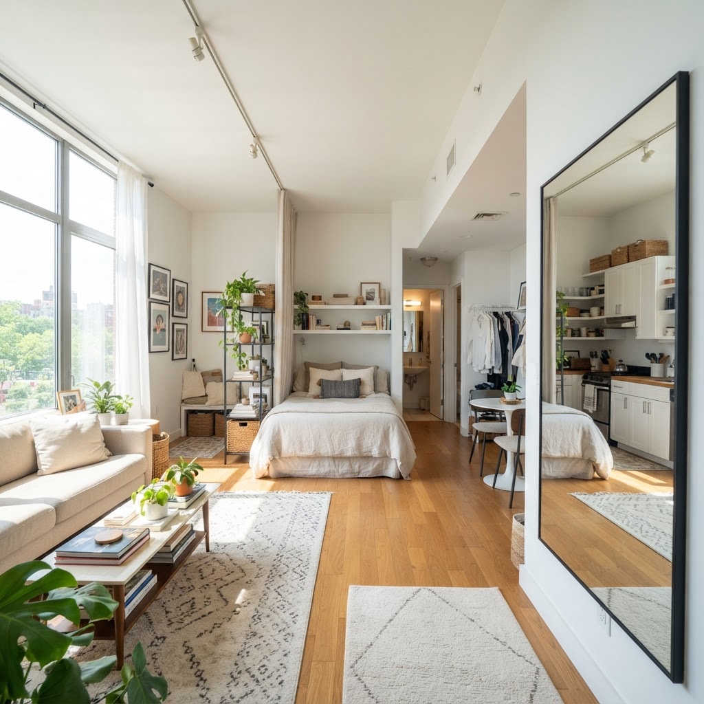 Use mirrors and smart layout choices to open up a small apartment.