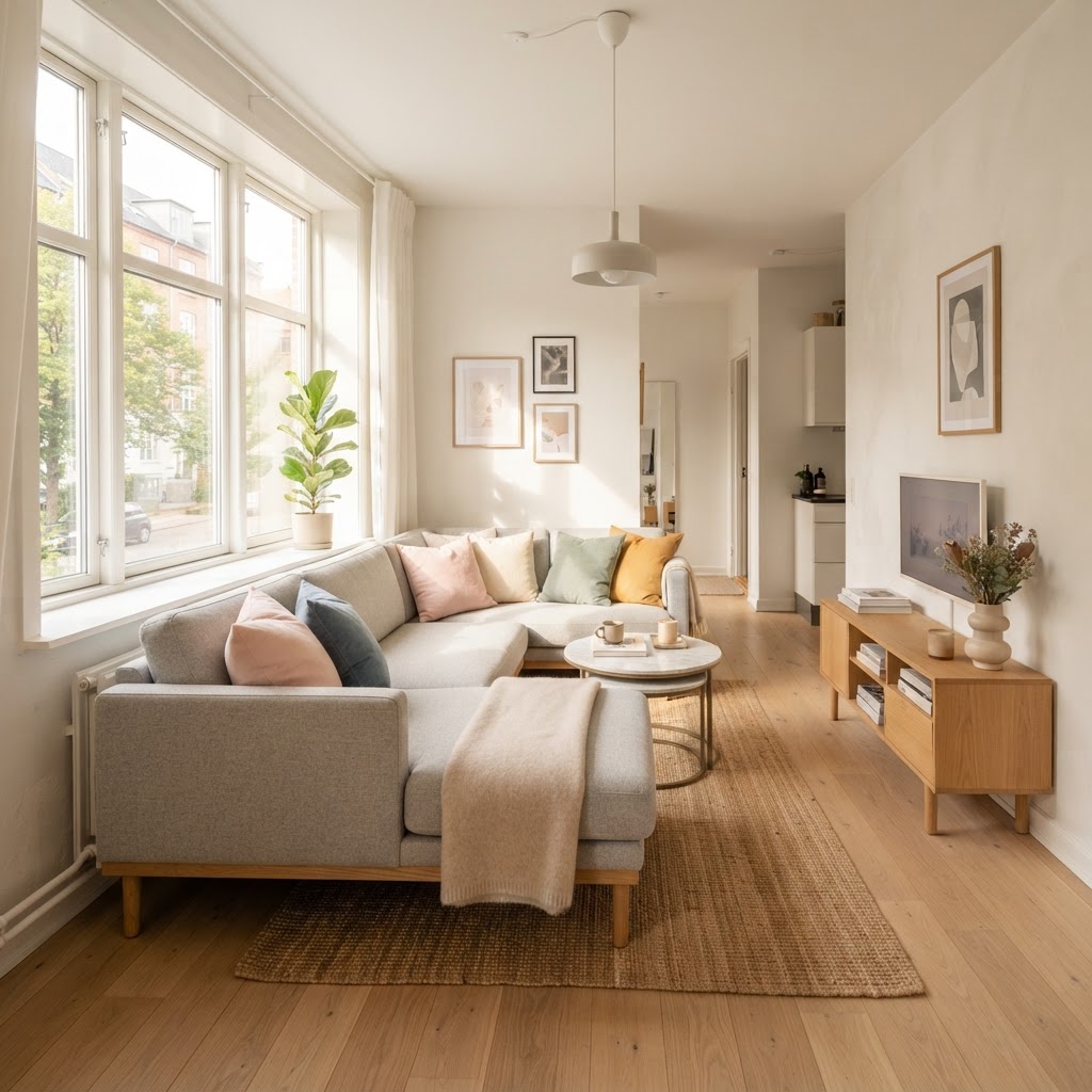 A light gray L-shaped sectional with exposed legs creates an airy, open feel.