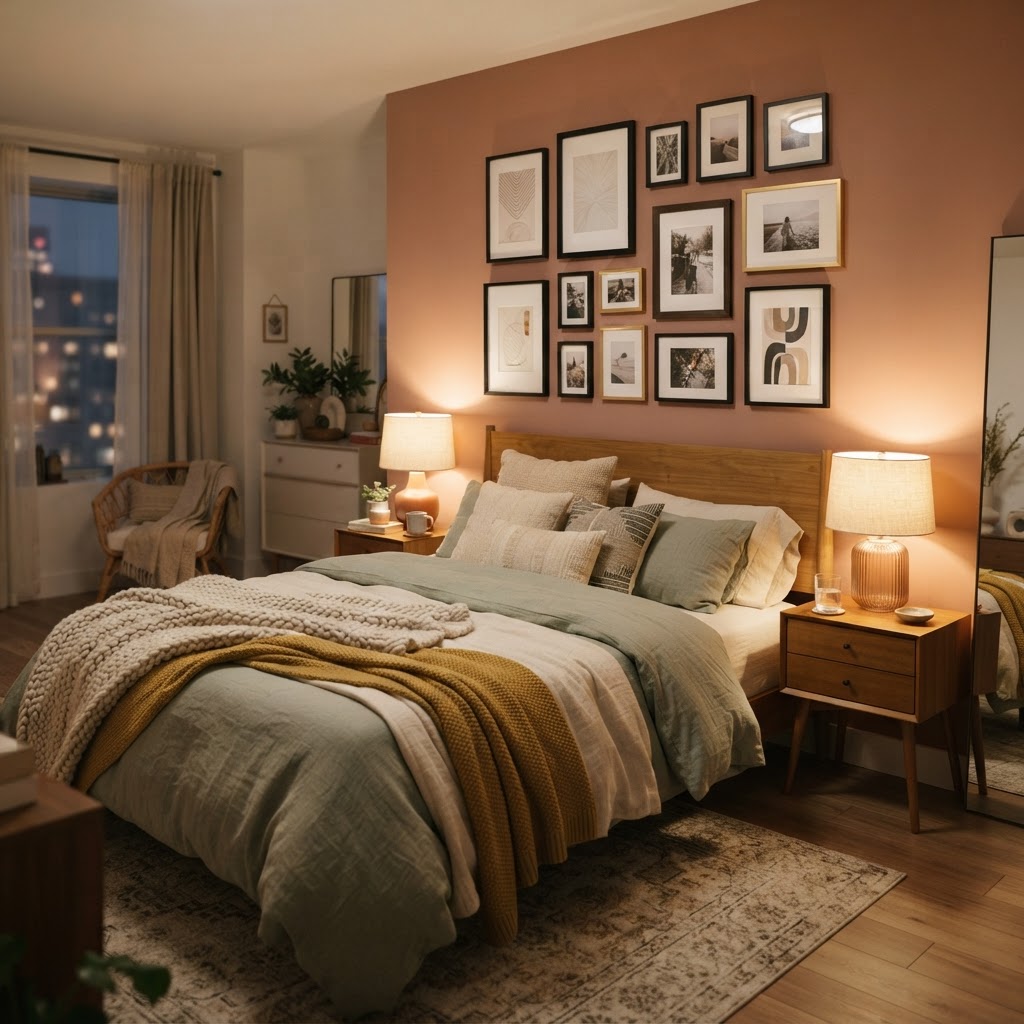 Create a gallery wall using adhesive strips to keep walls deposit-safe.