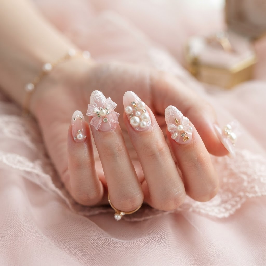 Coquette-inspired press-on nails featuring 3D pearl and ribbon details.