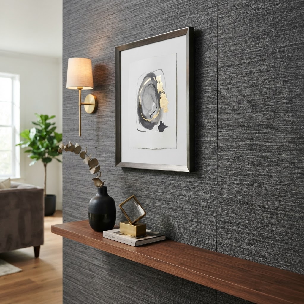 Textured peel-and-stick wallpaper mimics high-end design finishes.