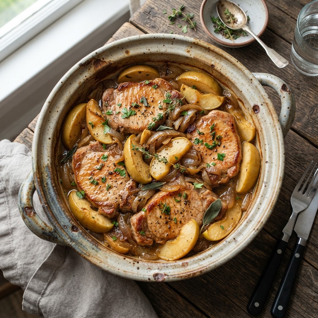 Hearty slow cooker pork chops with fresh apples and caramelized onions.