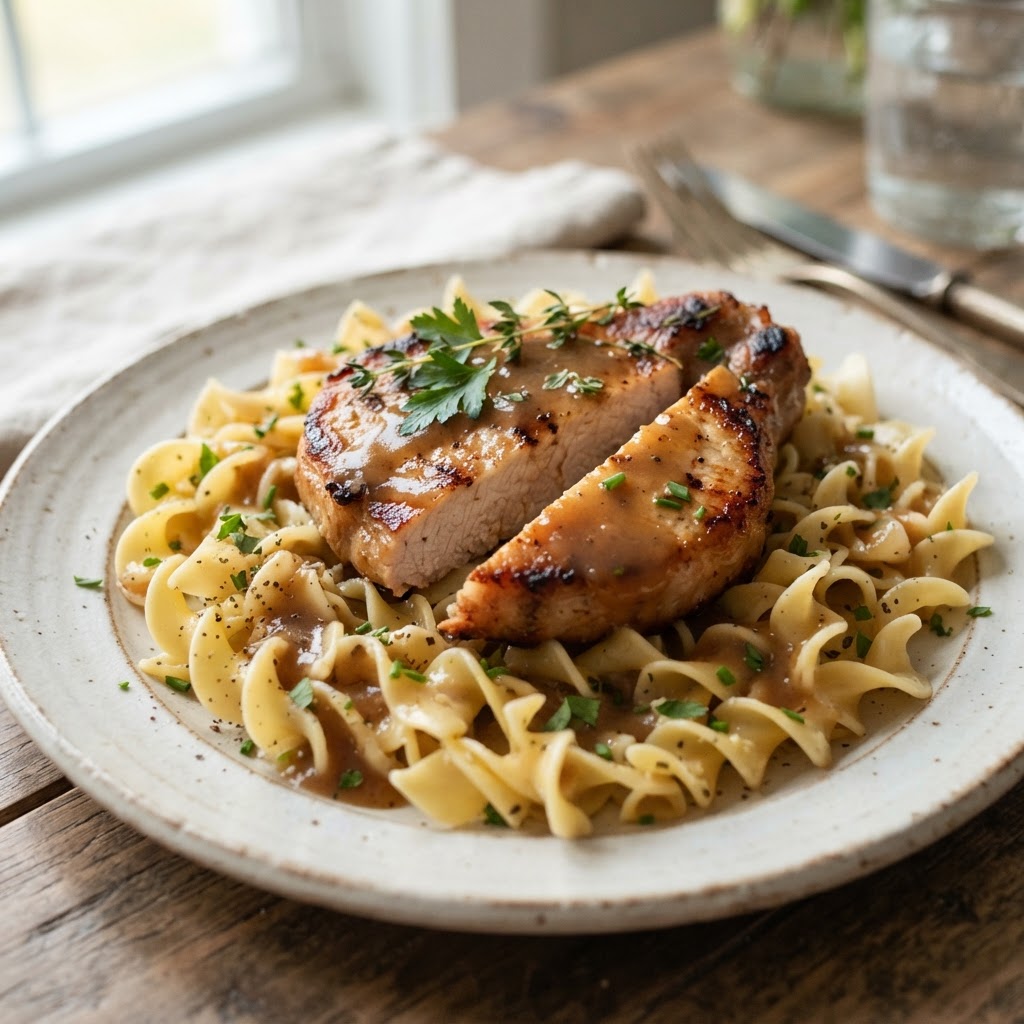 Pork chops and mushroom gravy served over warm egg noodles.