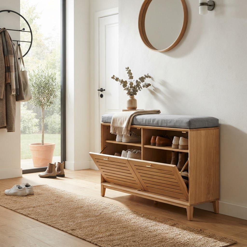 A modern, space-saving shoe cabinet with a bench seat.