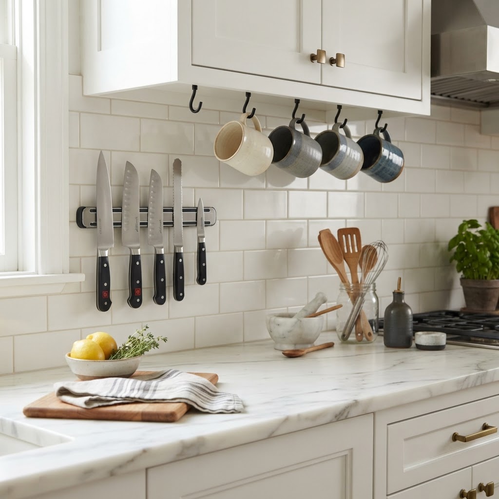 Magnetic strips and under-cabinet hooks free up precious kitchen counter space.