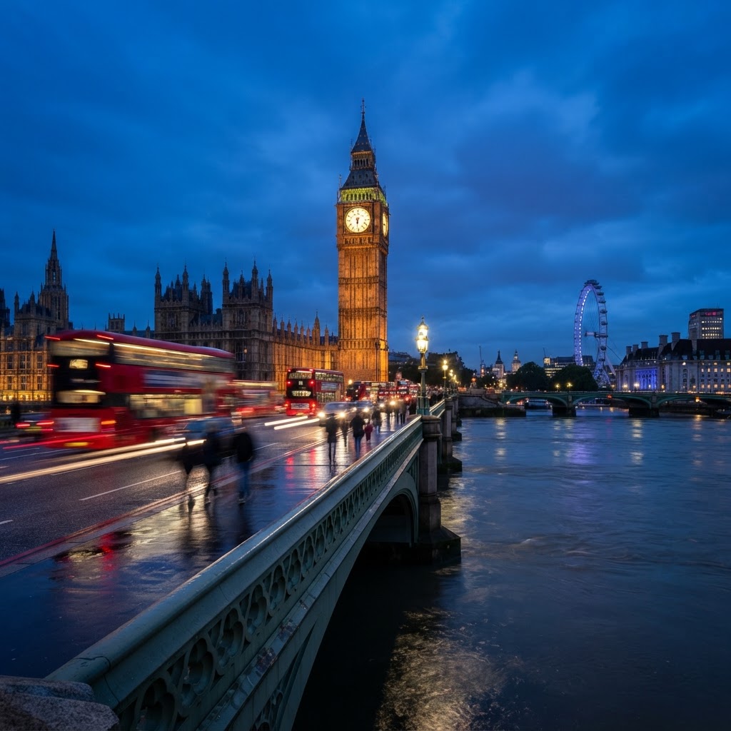 The classic view of Big Ben from Westminster Bridge during the blue hour.