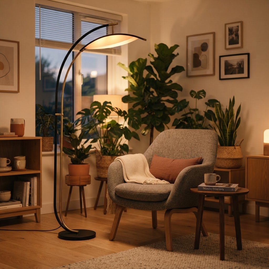 Sculptural floor lamps add height and character to corners.