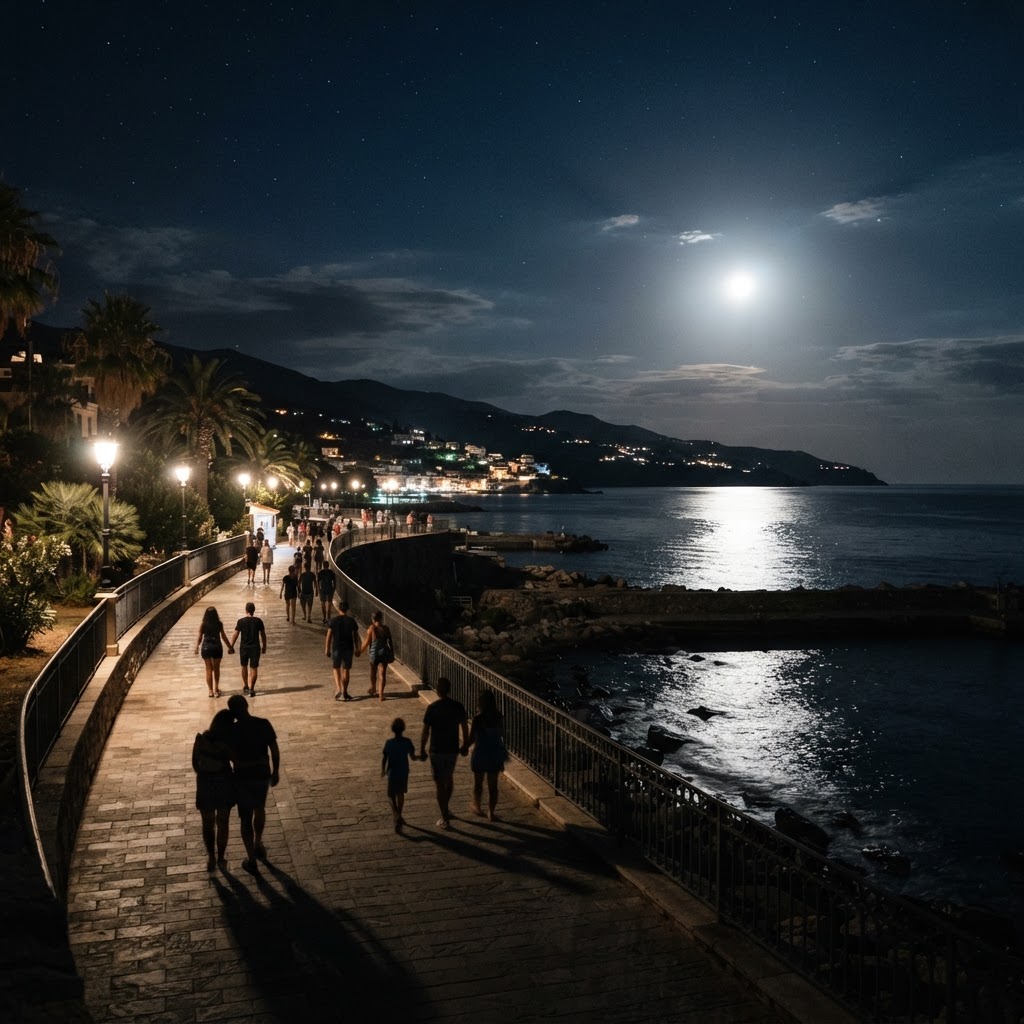 A peaceful stroll along the Spanish coastline under the moonlight.
