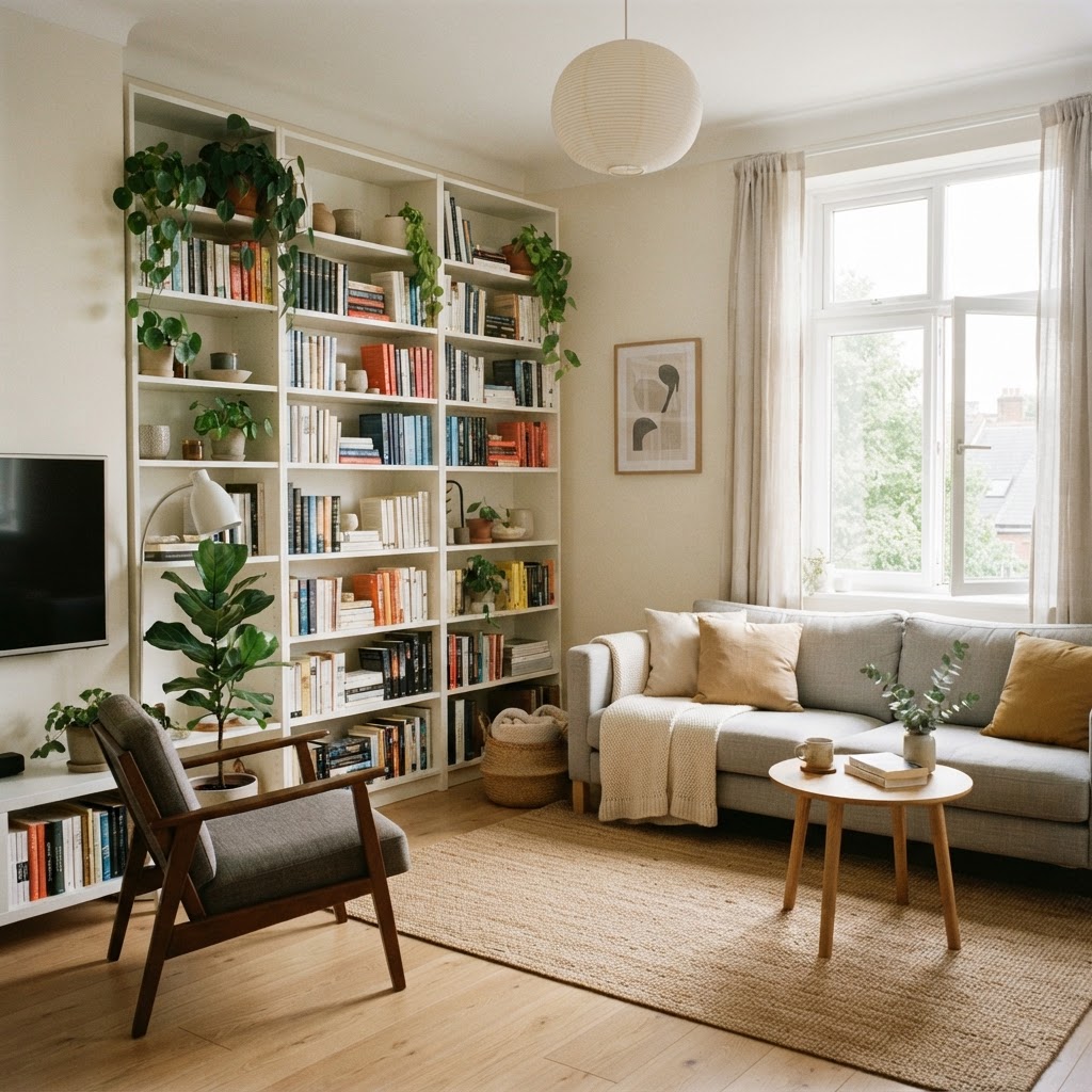 Floor-to-ceiling shelving maximizes storage in small living areas.