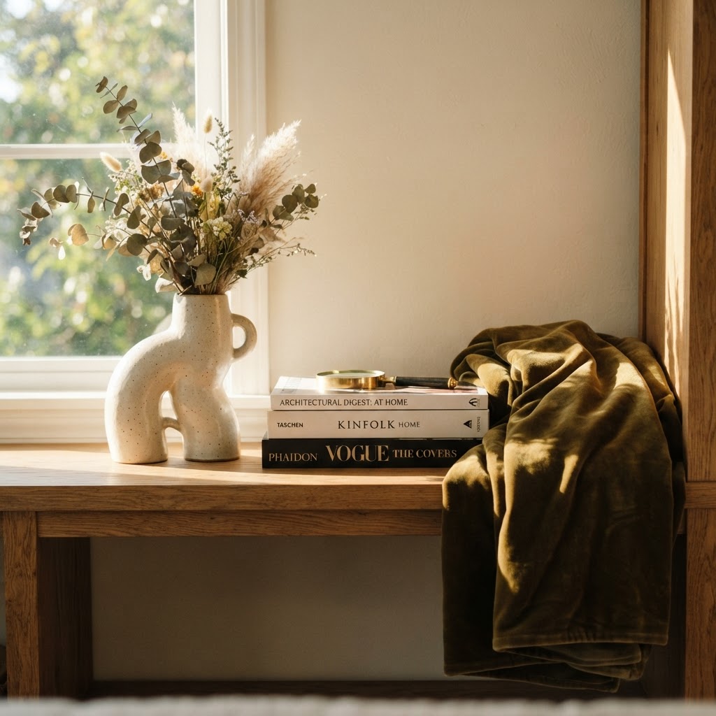 Curated accessories and rich textures create a finished, expensive-looking home.