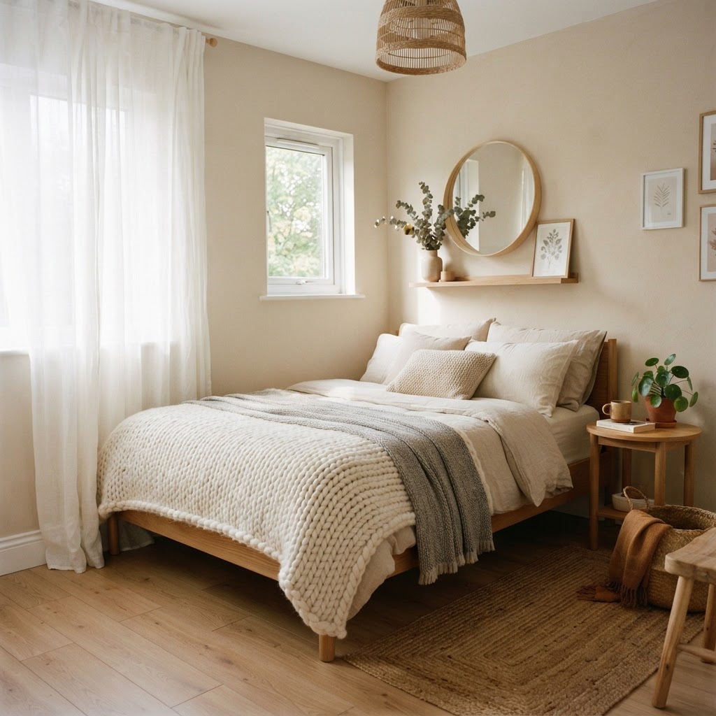 Soft, neutral textiles create a relaxing and cozy bedroom atmosphere.