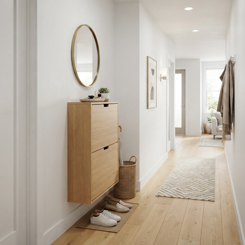 Vertical storage solutions help keep narrow hallways organized and spacious.