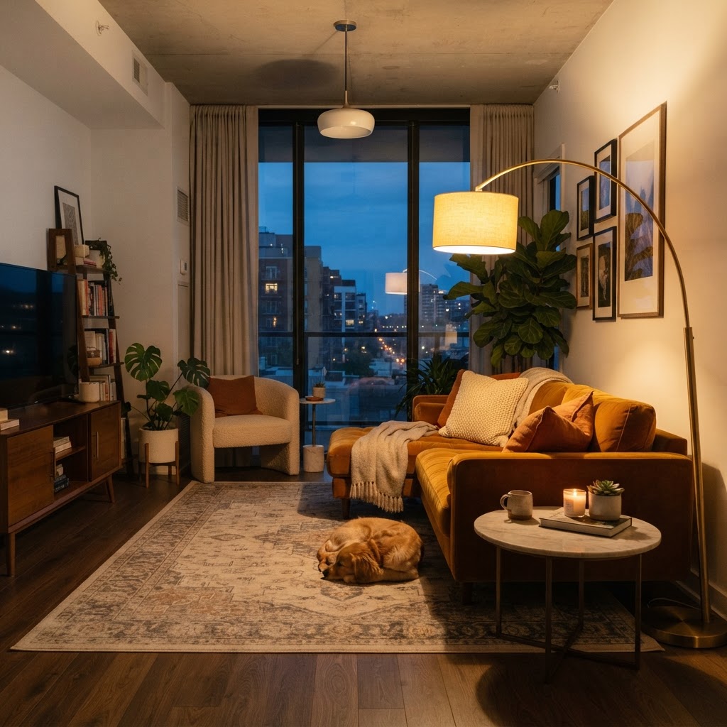 Warm floor lamps create an instant sense of home in modern apartments.