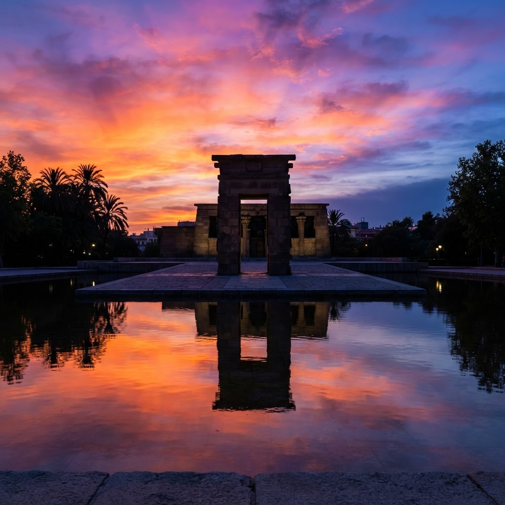 Sunset at the Temple of Debod, a perfect spot for photography enthusiasts.