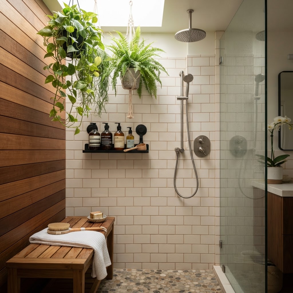 Bring in organic materials like teak and greenery to create a calming, expensive spa aesthetic.