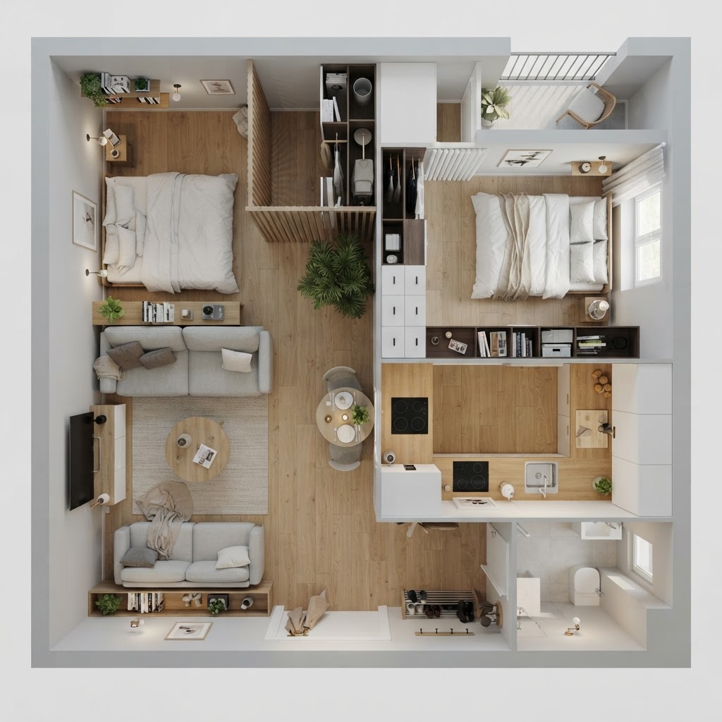 A well-organized layout defines separate areas for living and relaxing.